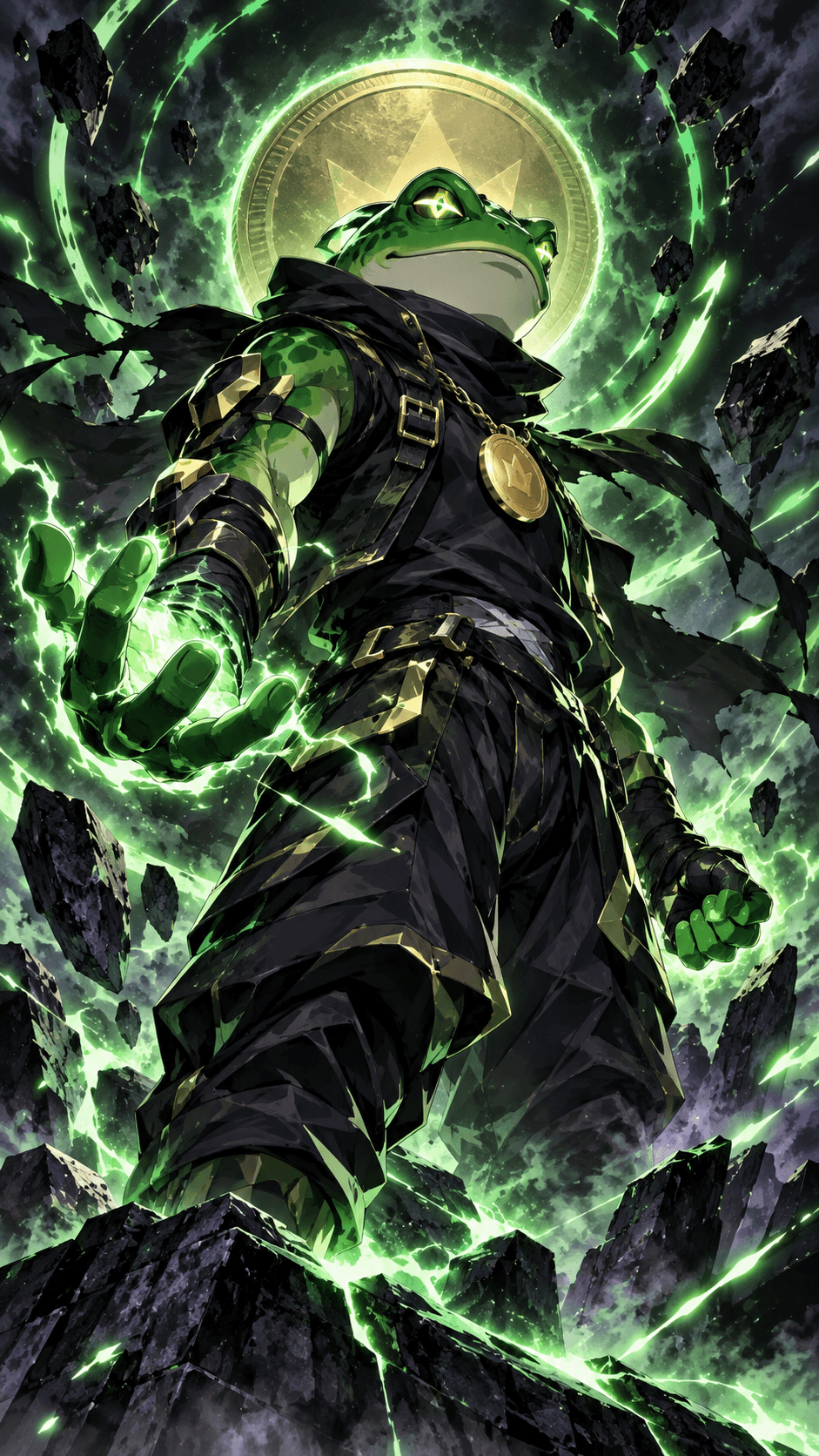 Original frog-inspired anime coin warrior surrounded by green energy